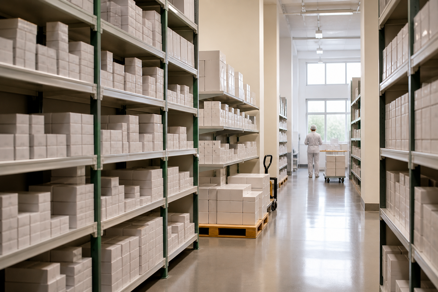 Organised pharmaceutical cartons in a modern wholesale distribution warehouse